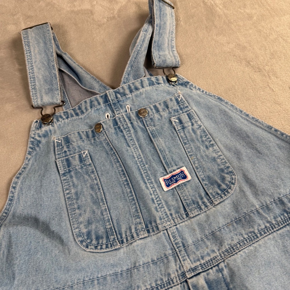 Big Smith Denim Overalls 42x28 Light Wash Vintage Workwear Bibs Missing Button*